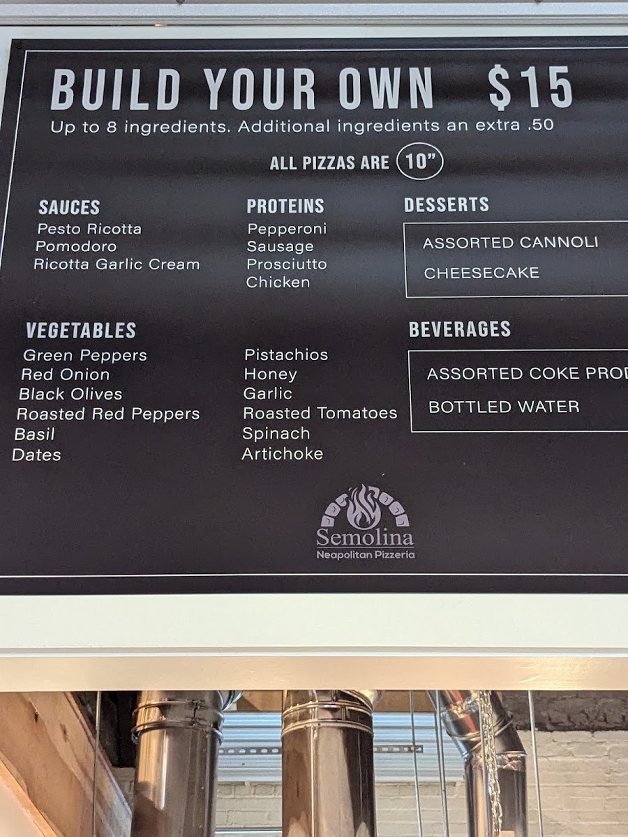 Semolina Pizzaria menu board