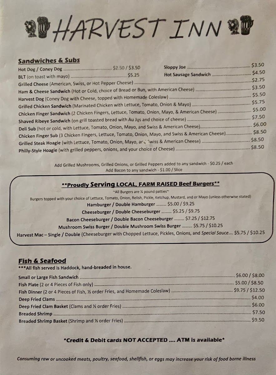 Harvest Inn menu board