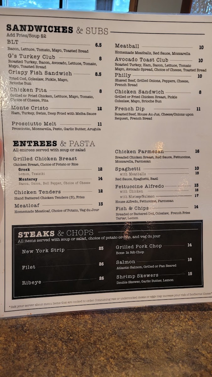 Gracies Restaurant and Bar menu board