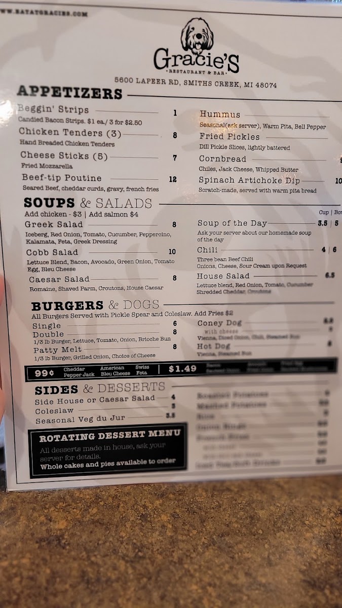 Gracies Restaurant and Bar menu board