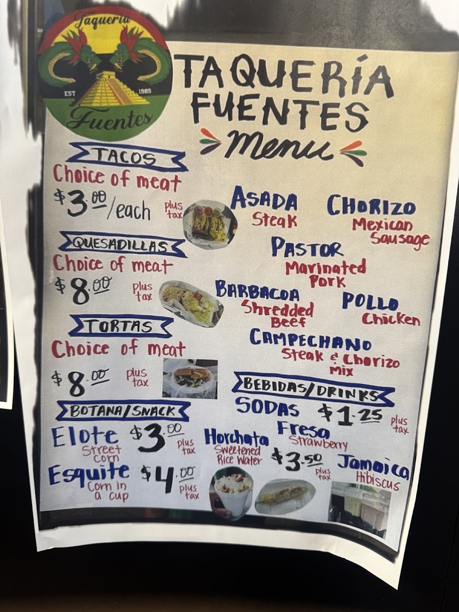 Taqueria Fuentes menu board