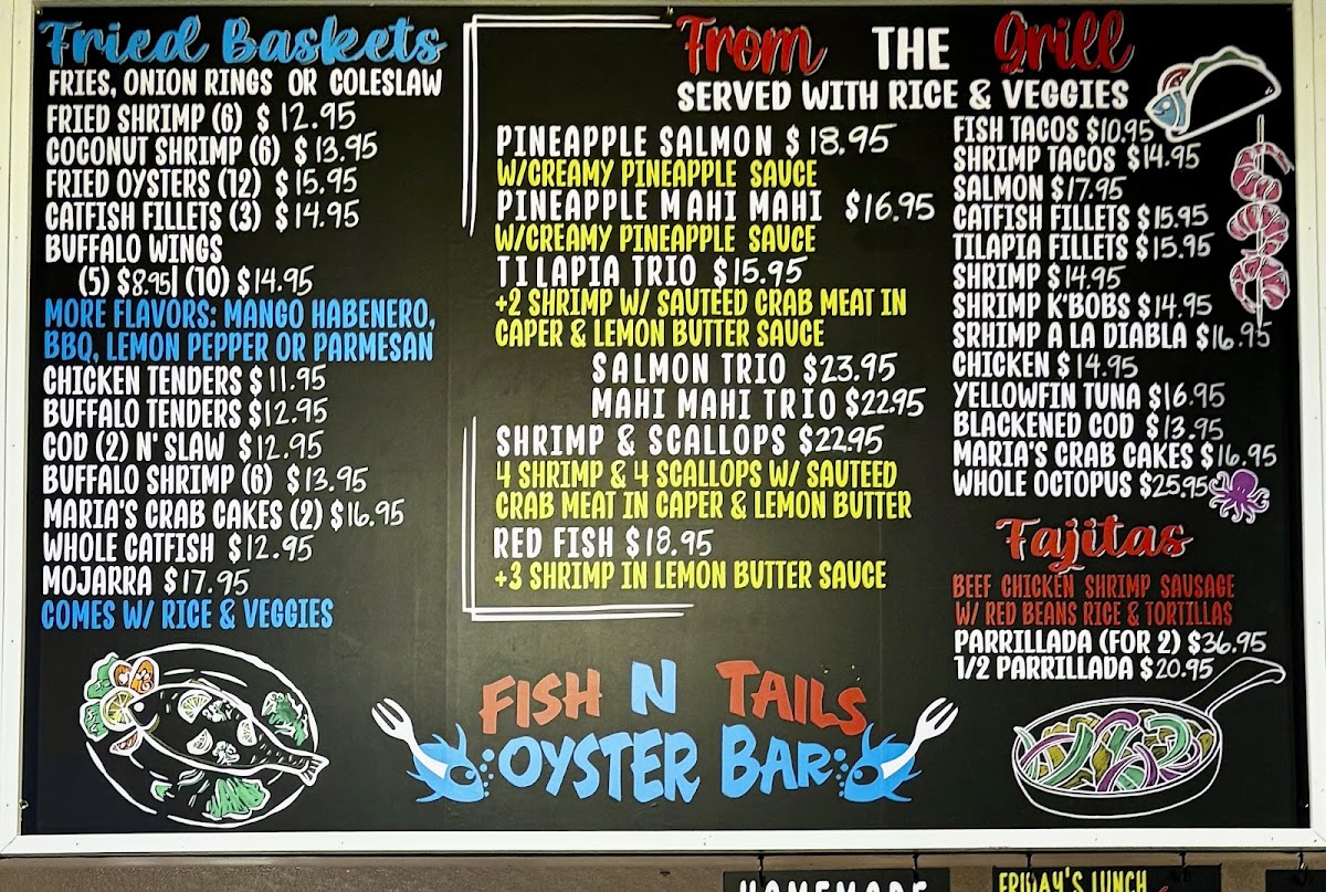 Fish N’ Tails Oyster Bar menu board