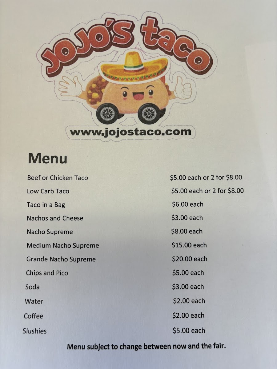 JoJos Taco menu board