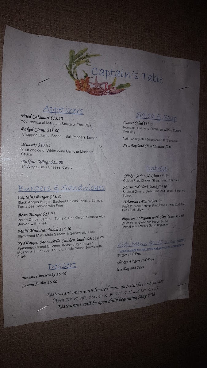 Captain's Table Restaurant menu board