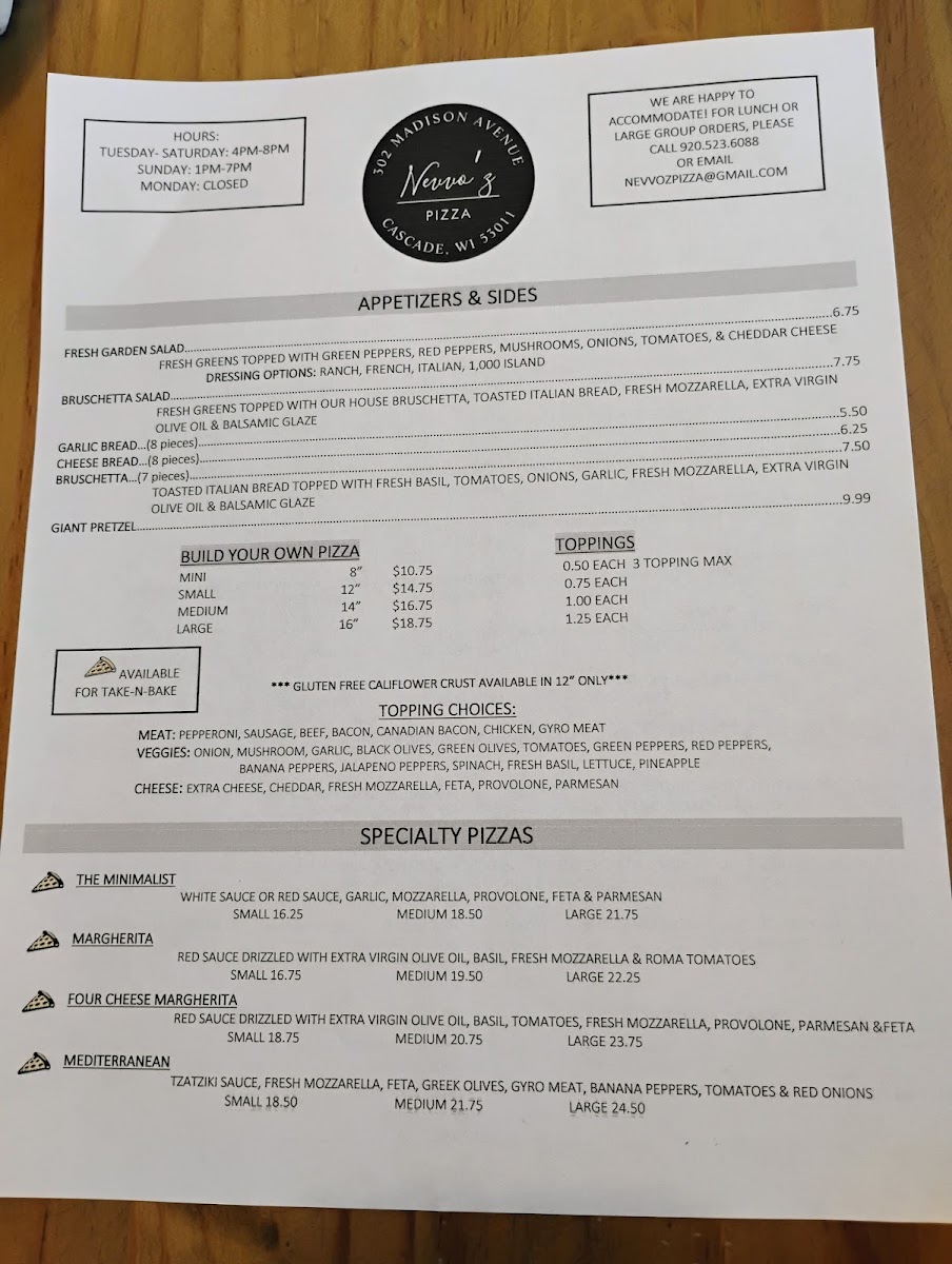 Nevvo'z Pizza menu board