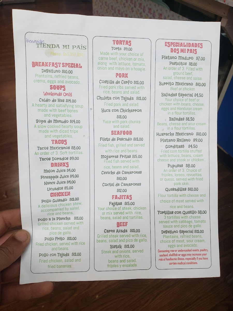 Mi País menu board