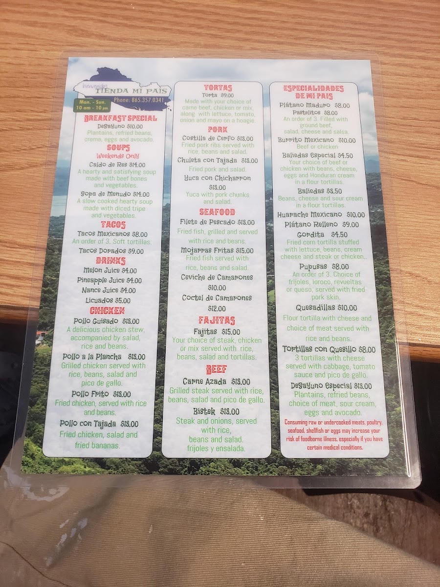 Mi País menu board