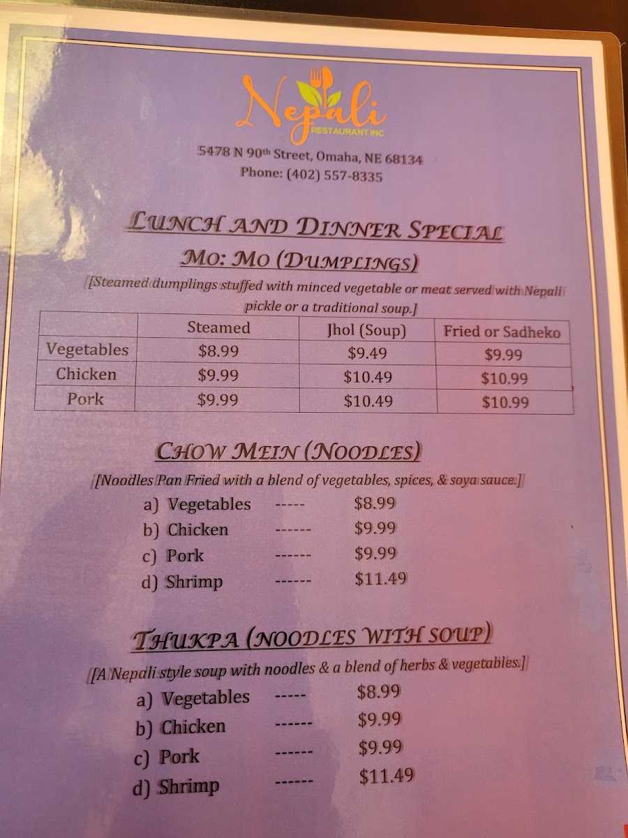 Nepali Restaurant INC [Omaha] menu board