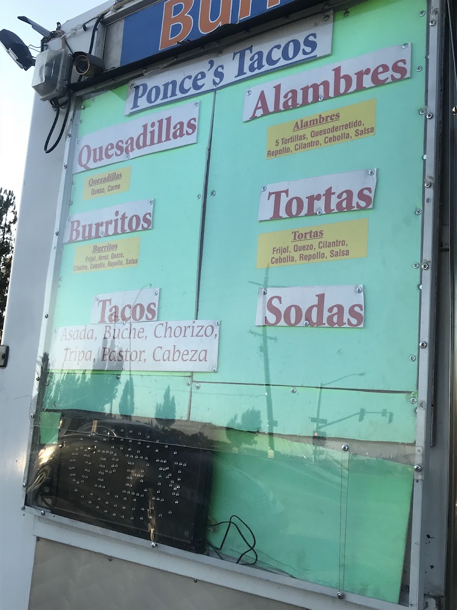 Ponce's Tacos menu board
