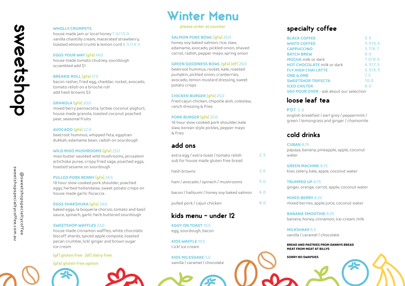 Sweetshop Specialty Coffee menu board