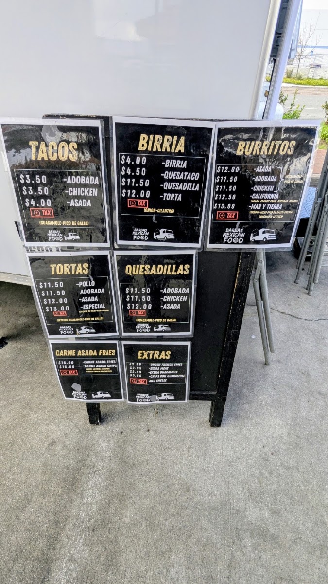 Barbas Mexican Food menu board