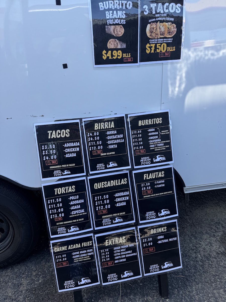 Barbas Mexican Food menu board
