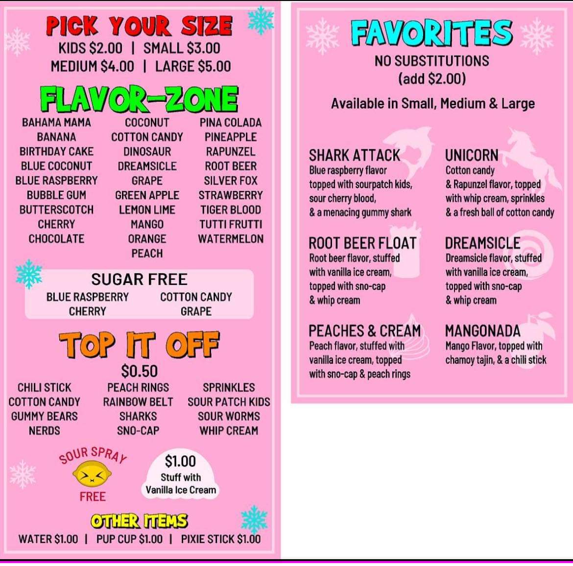 Sno-Zone menu board