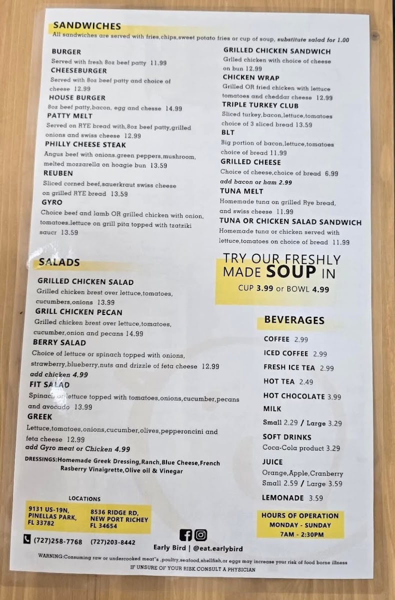 Early Start Breakfast & Lunch menu board