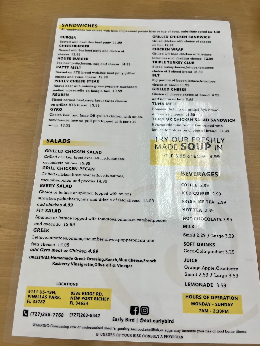 Early Start Breakfast & Lunch menu board