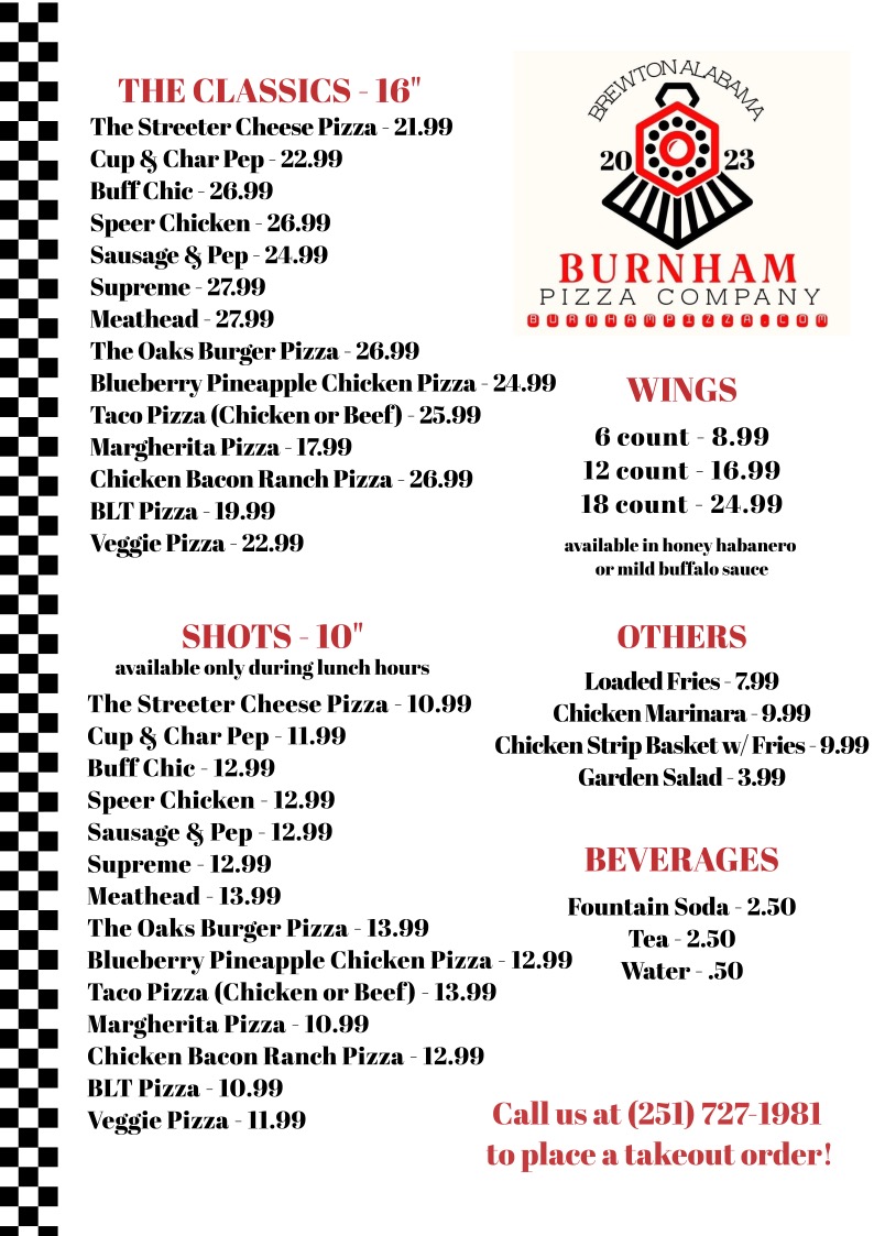 Burnham Pizza Company menu board