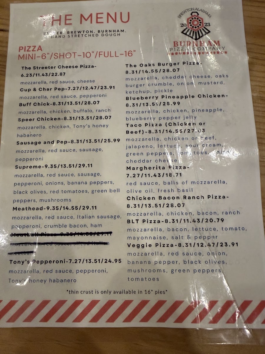 Burnham Pizza Company menu board