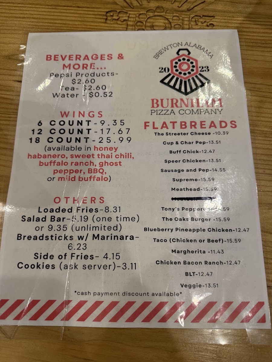 Burnham Pizza Company menu board