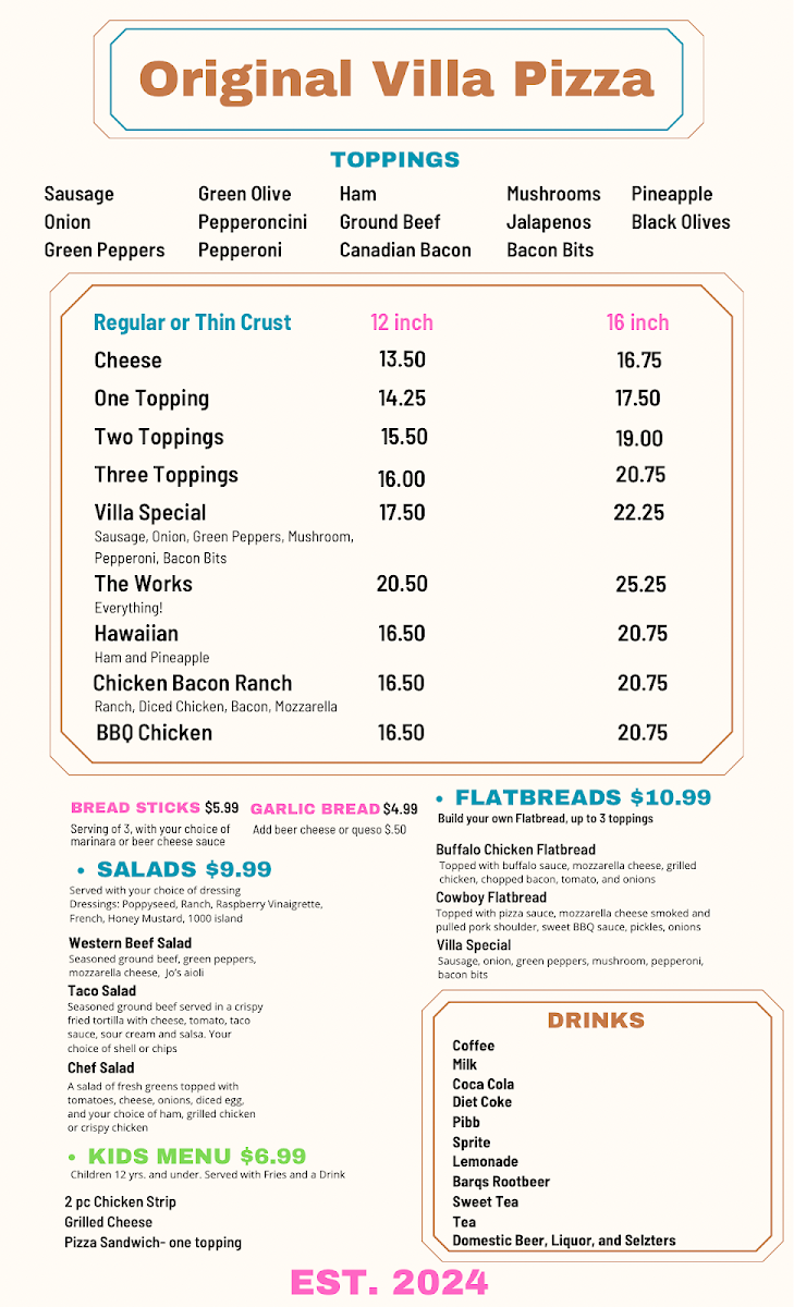 The Kelly Bar & Grill menu board