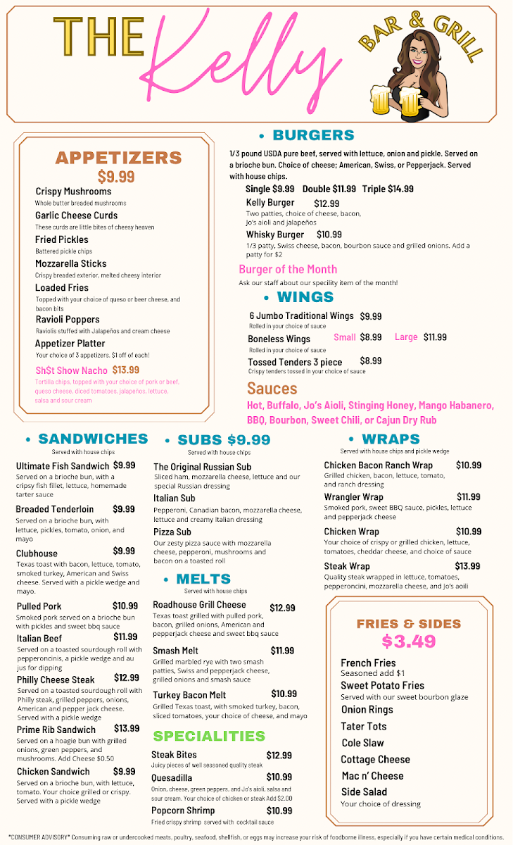 The Kelly Bar & Grill menu board