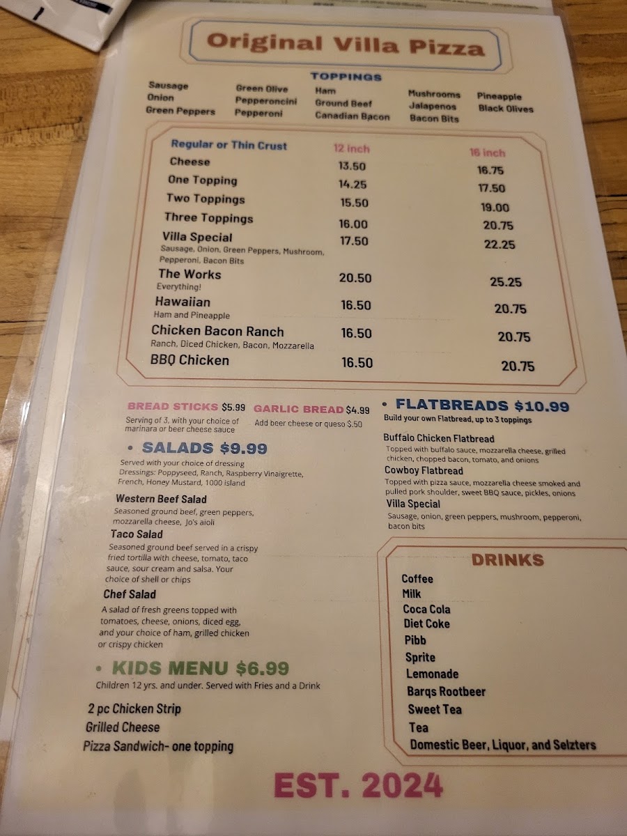 The Kelly Bar & Grill menu board