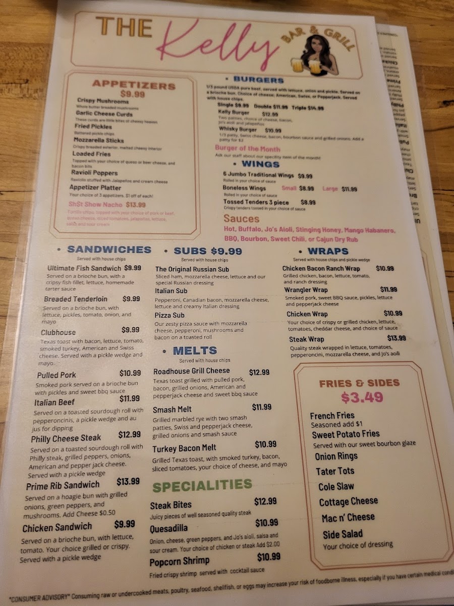 The Kelly Bar & Grill menu board