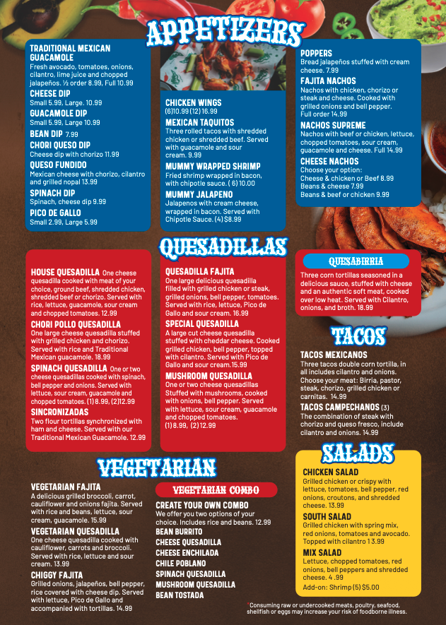 Quezadillas and Bar Mexican Grill menu board