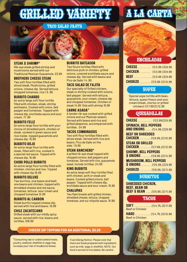 Quezadillas and Bar Mexican Grill menu board