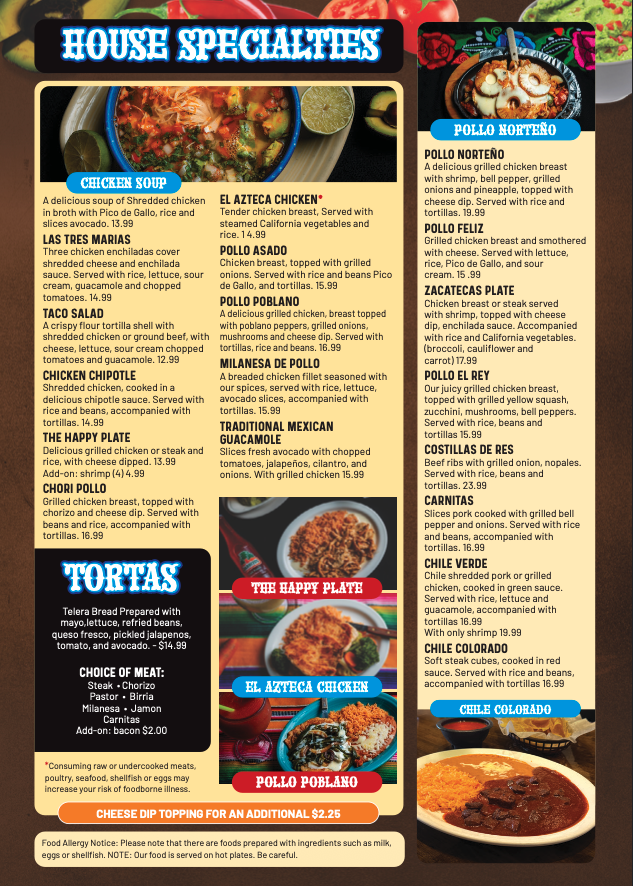 Quezadillas and Bar Mexican Grill menu board