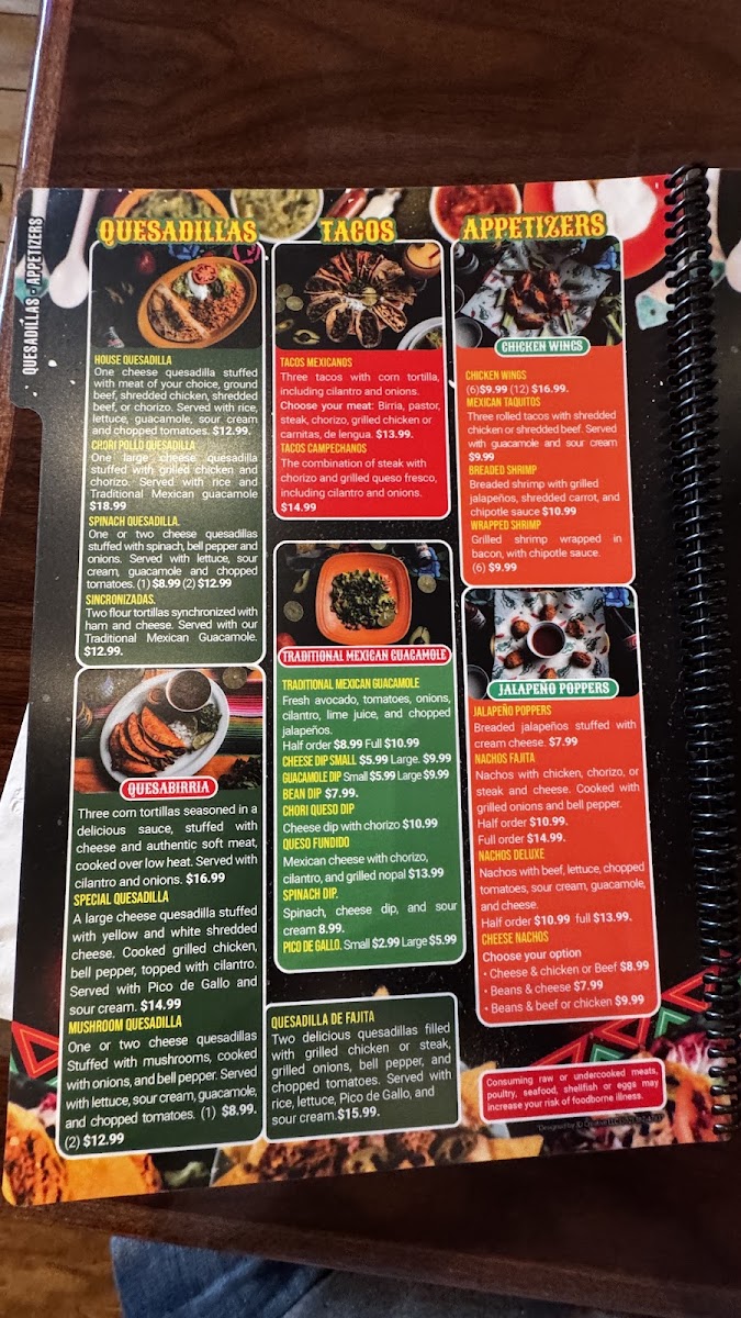 Quezadillas and Bar Mexican Grill menu board