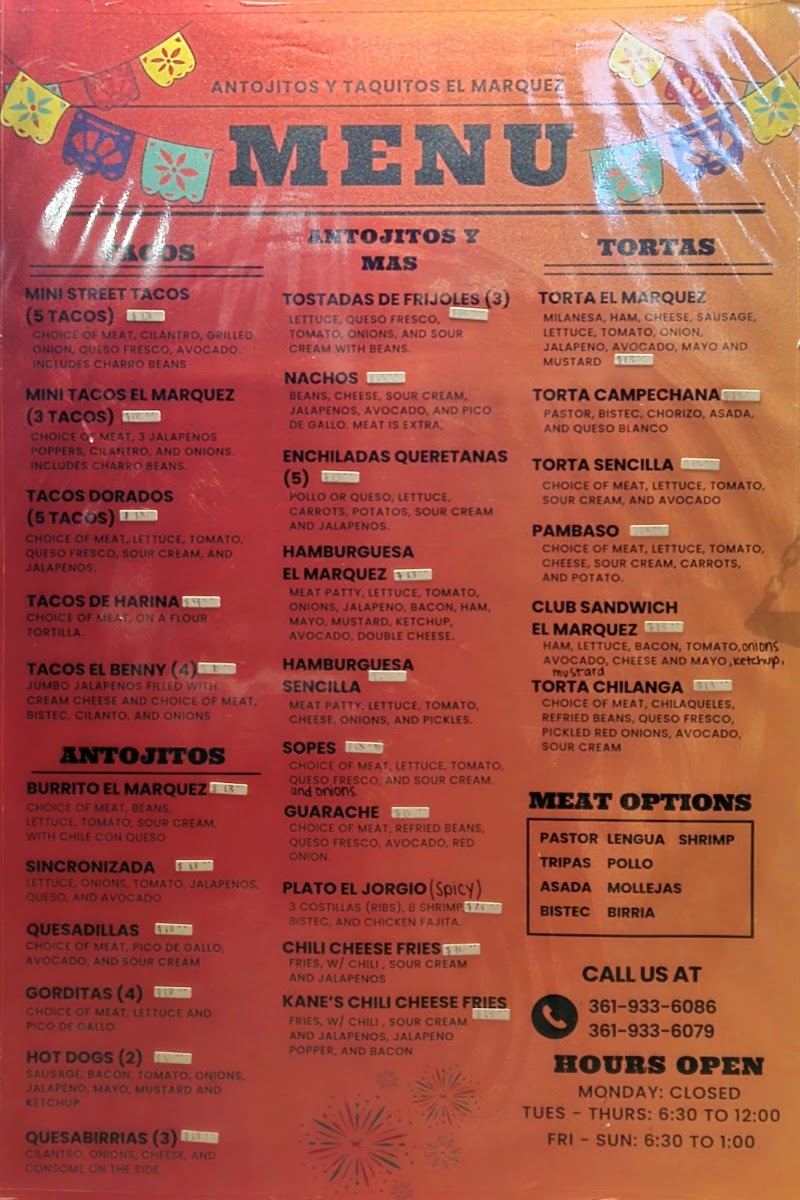 Antojitos y Taquitos El Marquez menu board