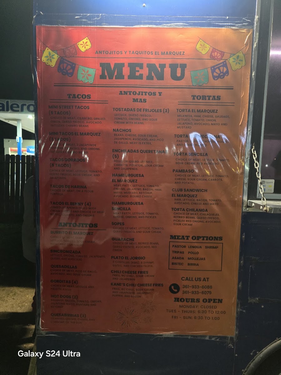 Antojitos y Taquitos El Marquez menu board