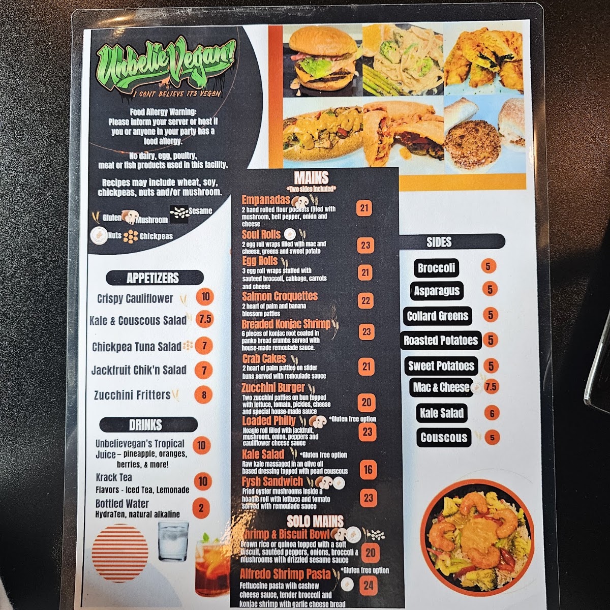 Unbelievegan menu board