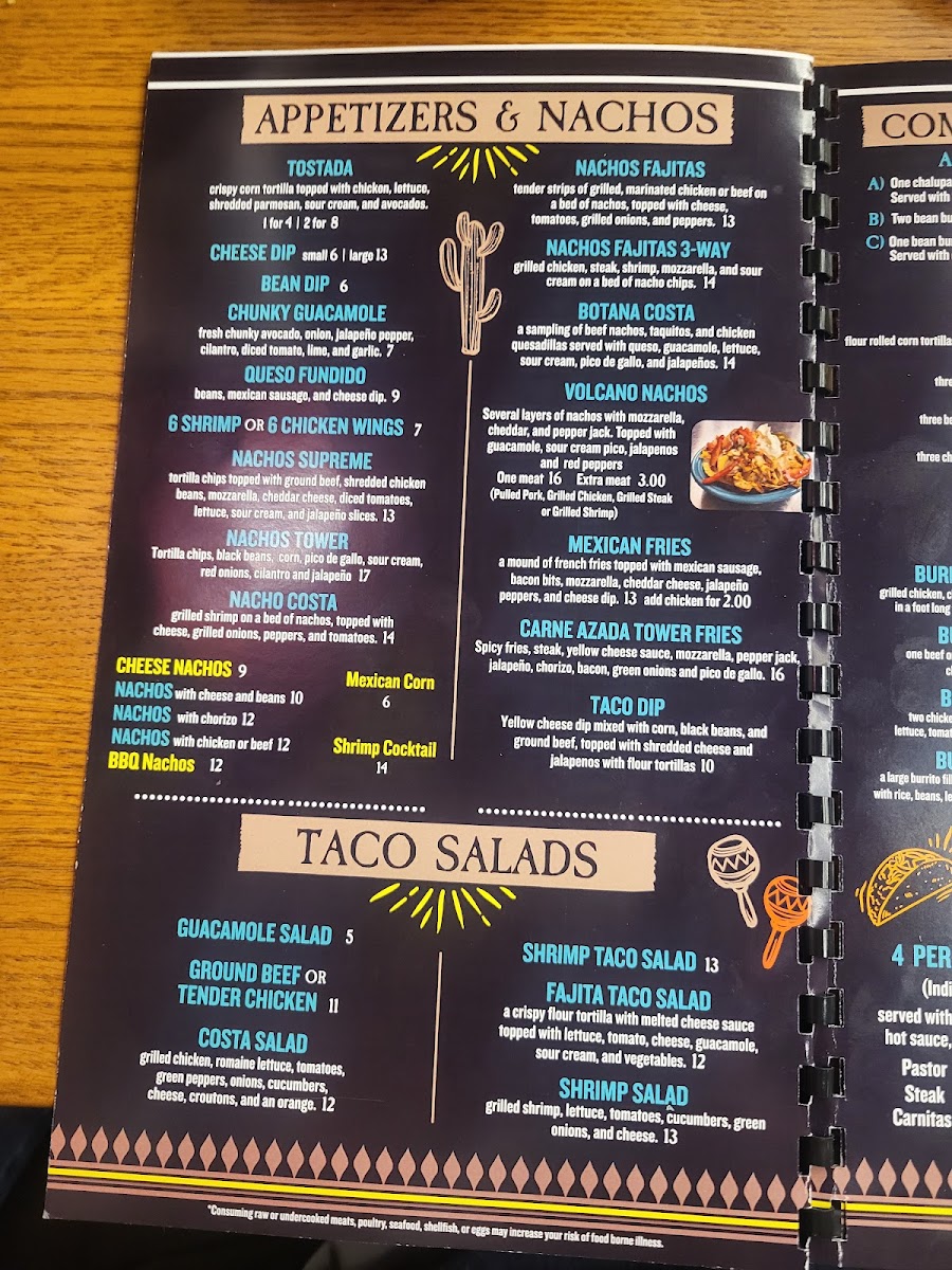 Costa Mexican Restaurant menu board