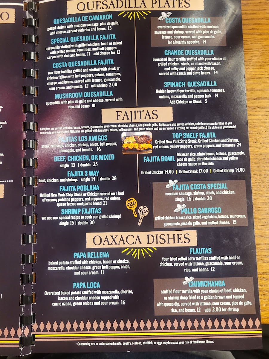 Costa Mexican Restaurant menu board