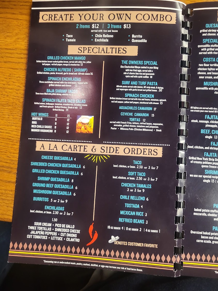 Costa Mexican Restaurant menu board