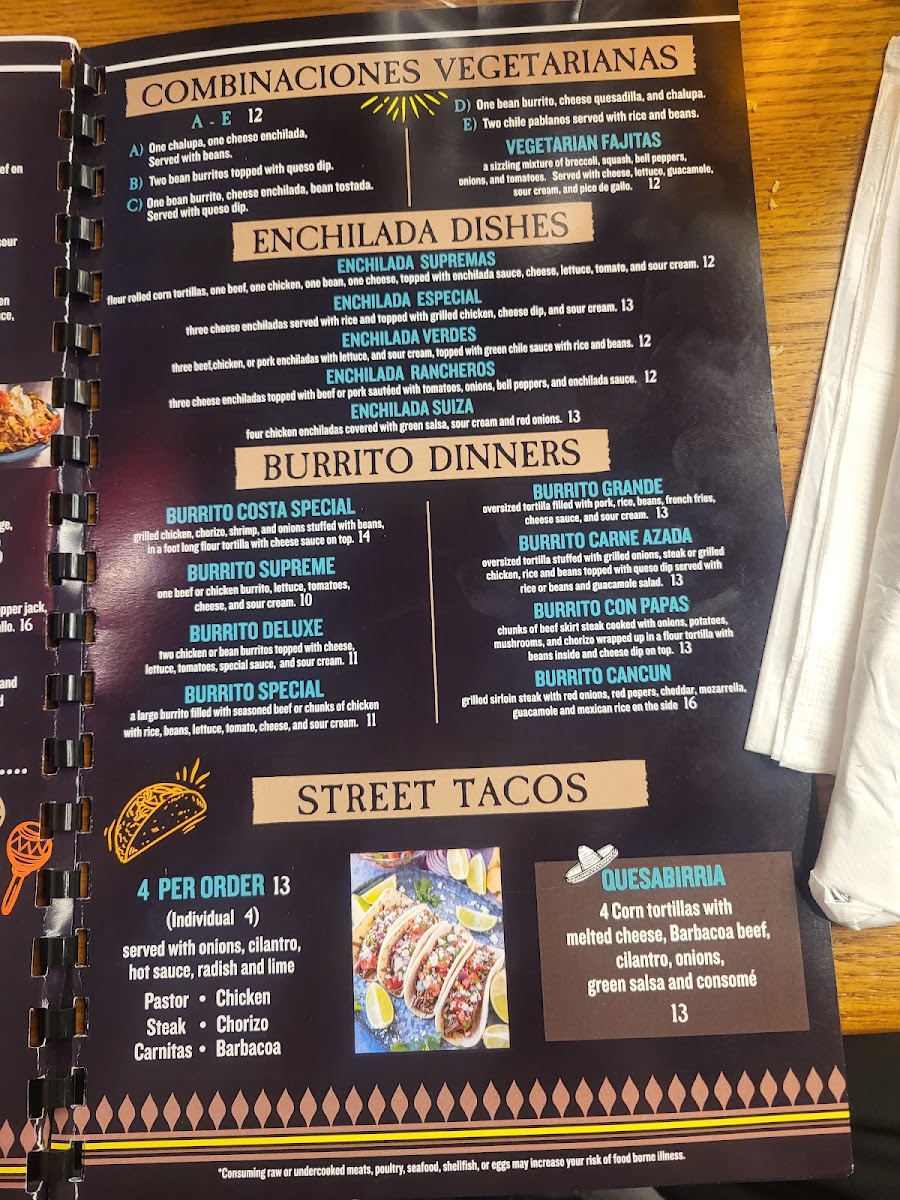 Costa Mexican Restaurant menu board