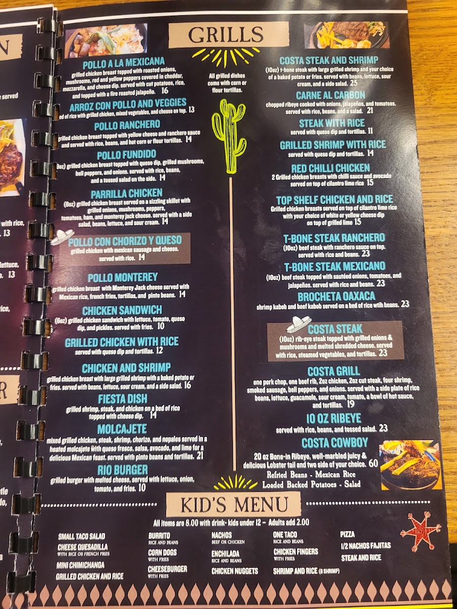 Costa Mexican Restaurant menu board