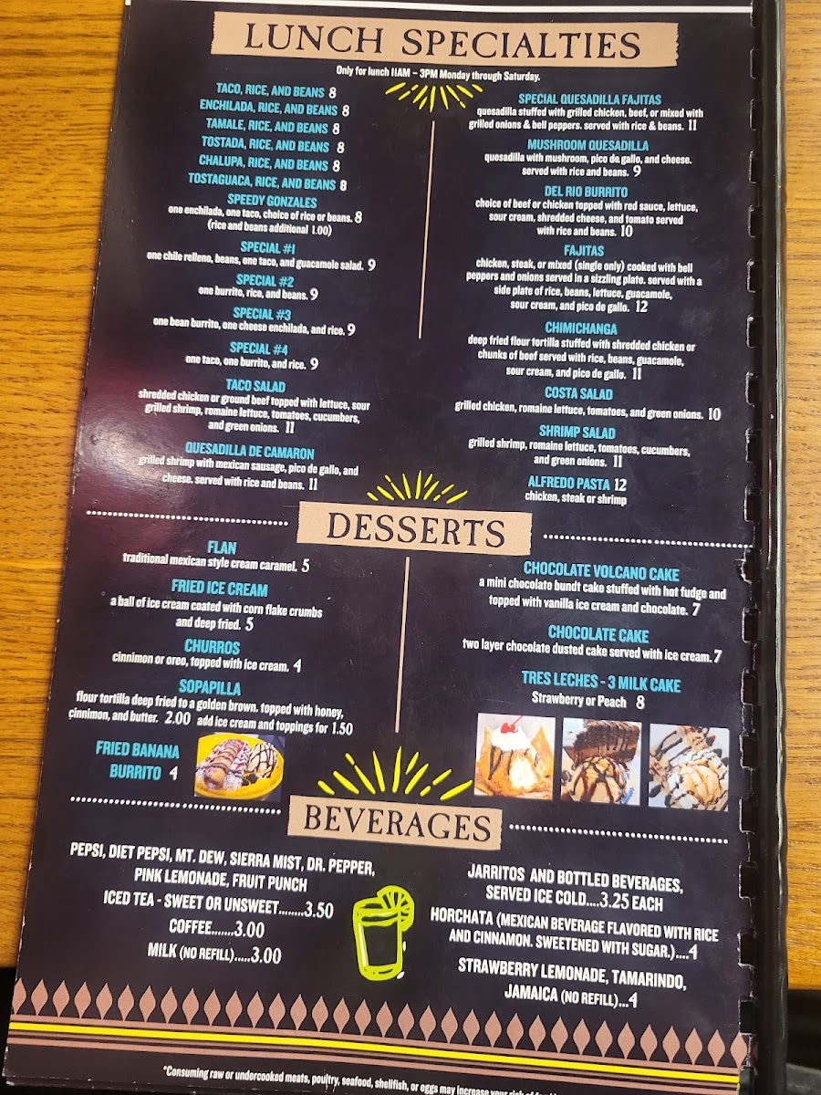 Costa Mexican Restaurant menu board
