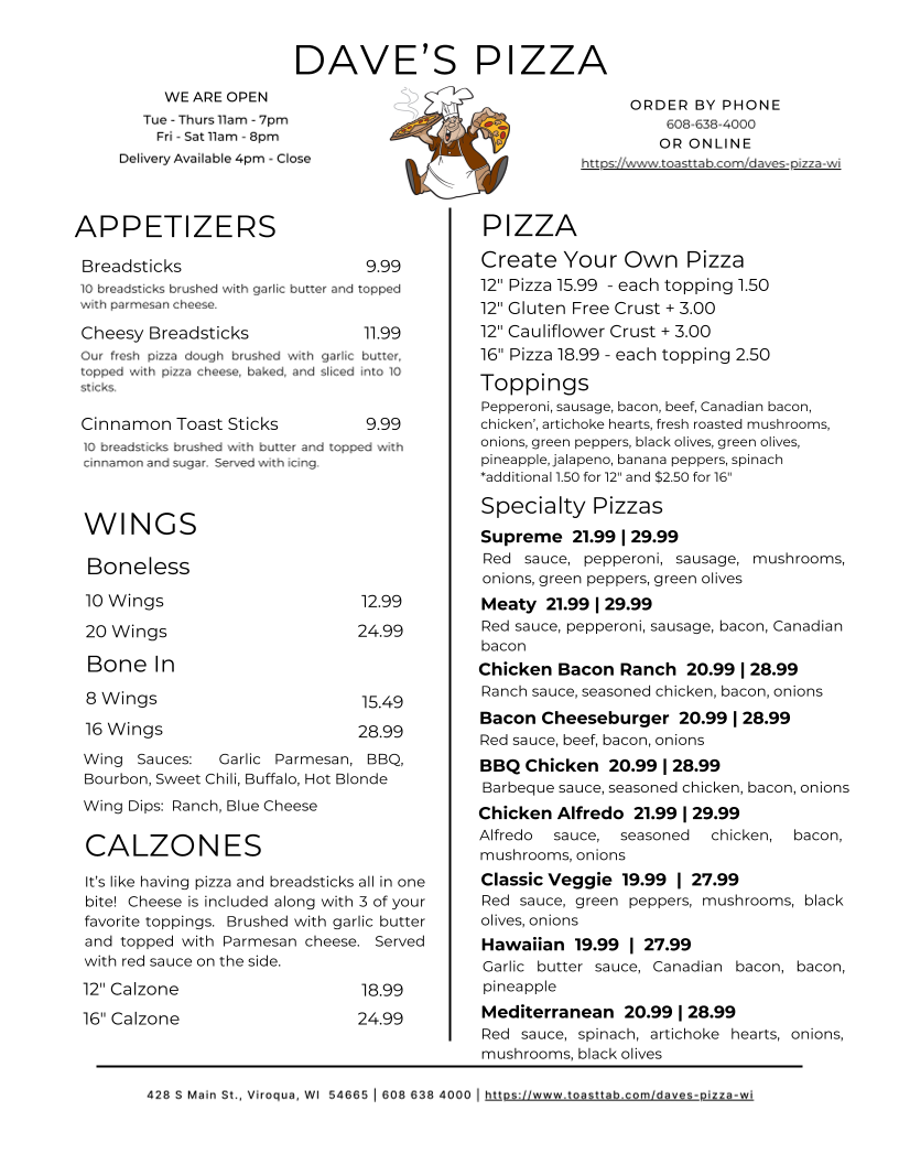 Dave’s Pizza menu board