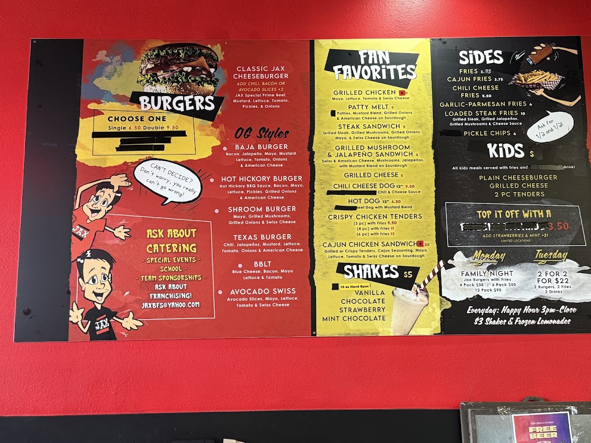 Jax Burger Fries & Shakes menu board