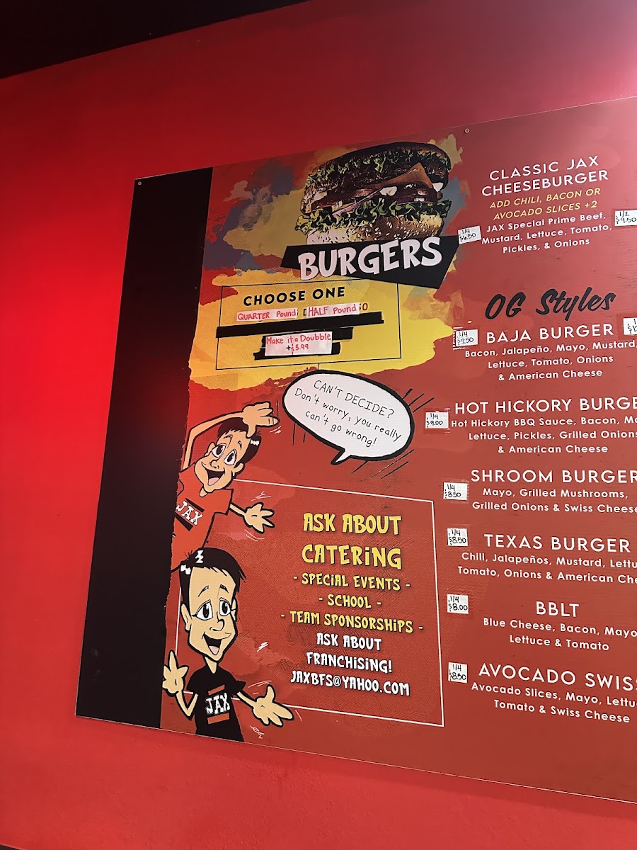 Jax Burger Fries & Shakes menu board