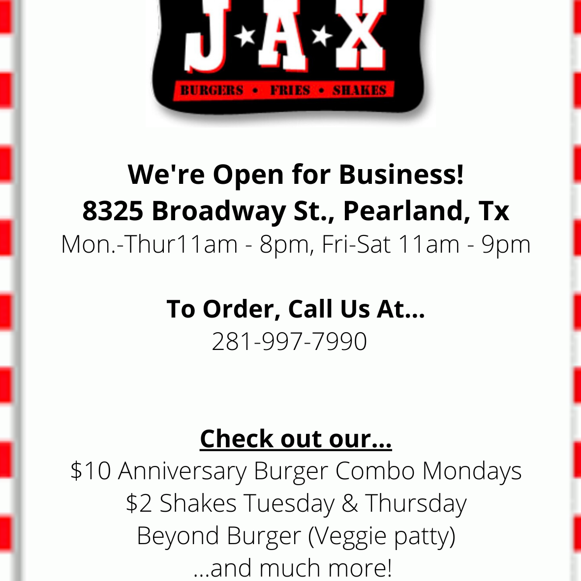 Jax Burger Fries & Shakes menu board