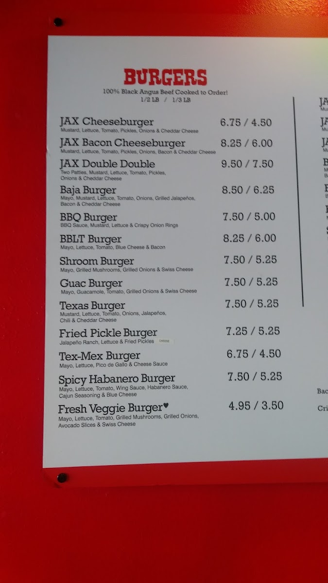 Jax Burger Fries & Shakes menu board