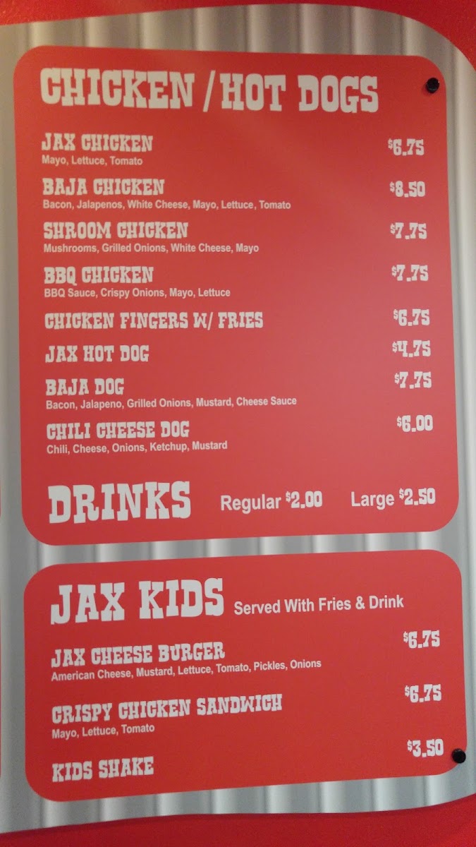 Jax Burger Fries & Shakes menu board