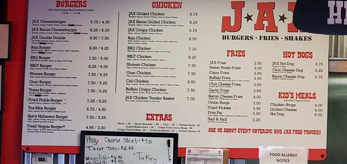 Jax Burger Fries & Shakes menu board