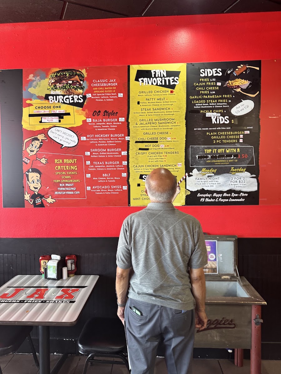 Jax Burger Fries & Shakes menu board