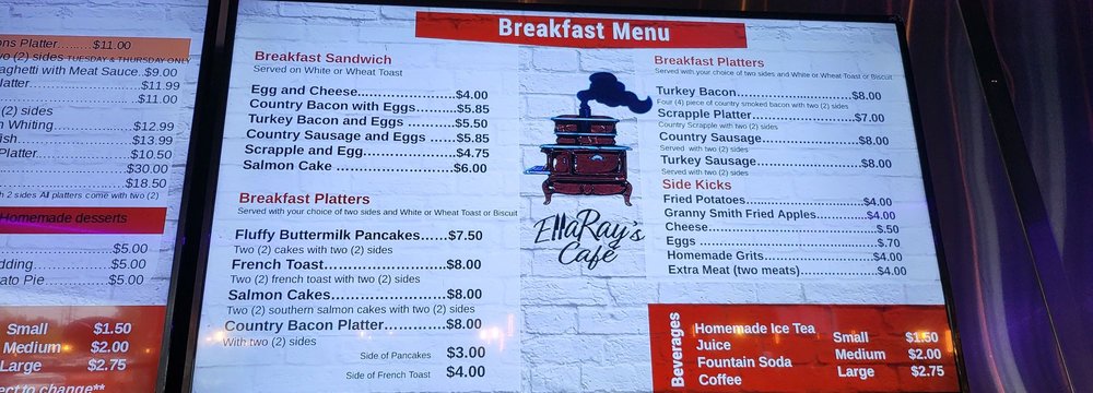 Ella Ray's Cafe menu board