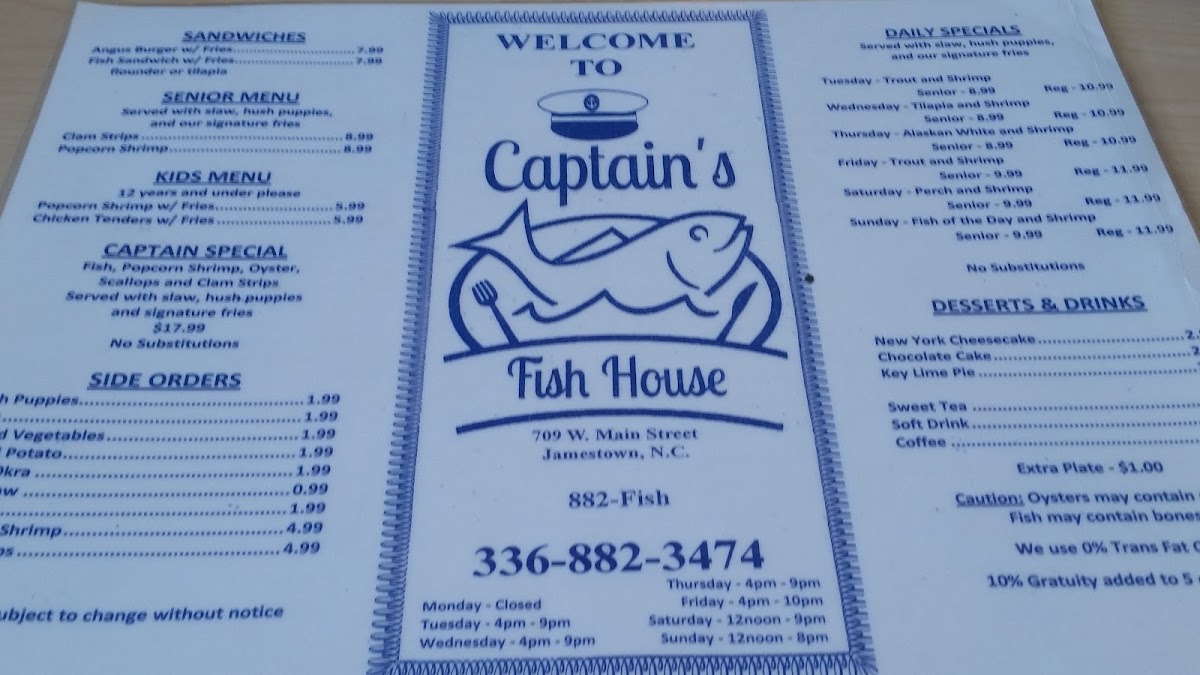 Captain's Fish House menu board