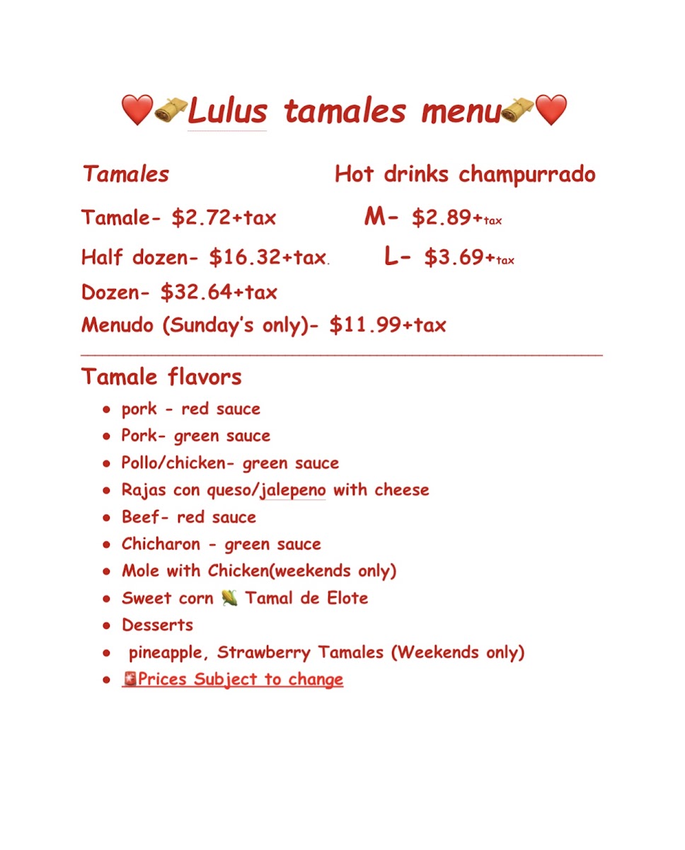 Lulu's Tamales menu board